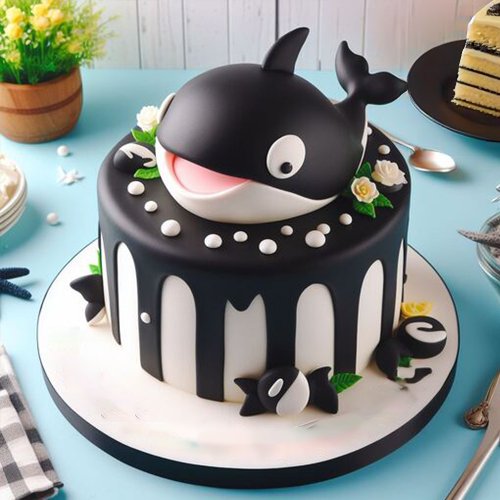 CUTE BLACK  WHITE ORCA WHALE BIRTHDAY CAKE CARD