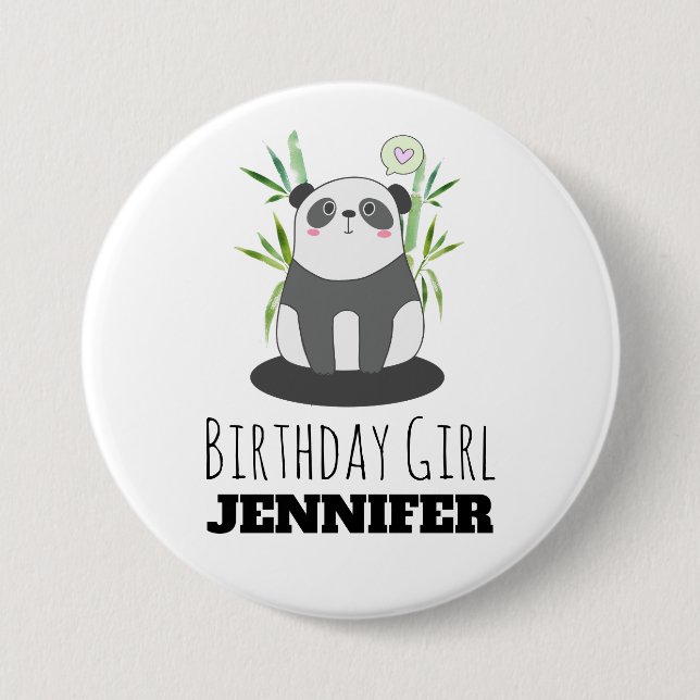 Cute Black & White Panda in Bamboo Birthday Girl Button (Front)