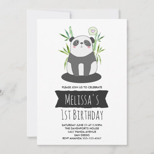 Cute Black  White Panda in Bamboo Birthday Invitation