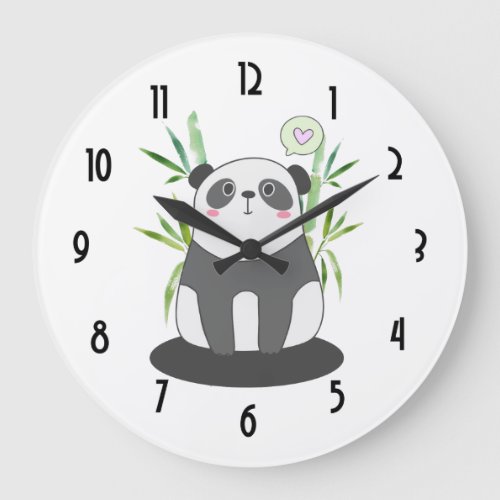 Cute Black  White Panda in Bamboo Large Clock