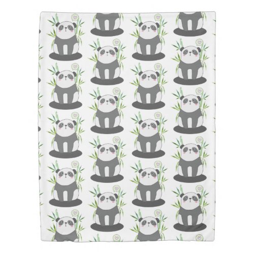 Cute Black  White Panda in Bamboo Pattern Duvet Cover