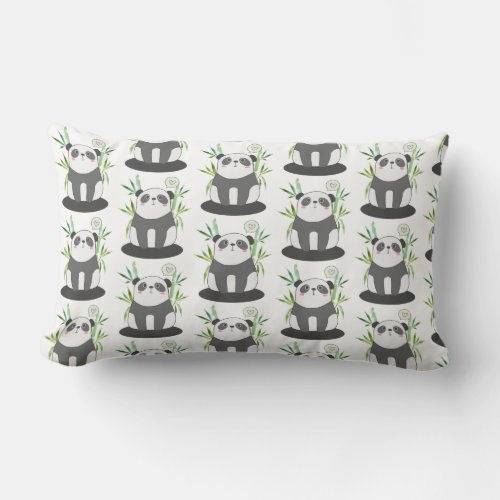 Cute Black  White Panda in Bamboo Pattern Lumbar Pillow