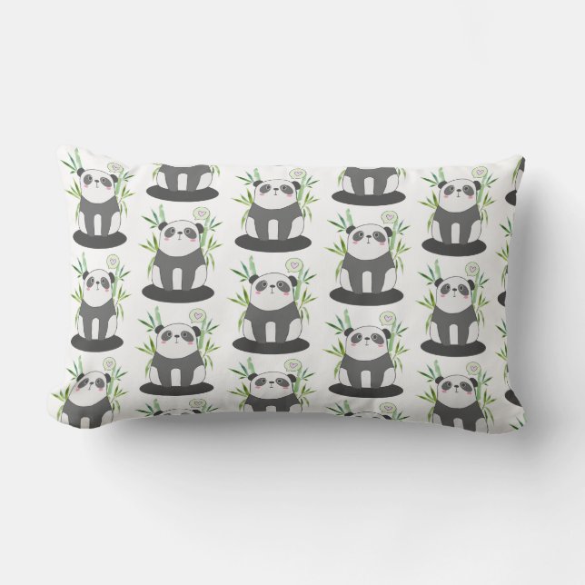 Cute Black & White Panda in Bamboo Pattern Lumbar Pillow (Front)