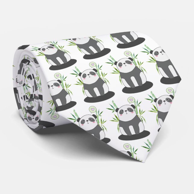 Cute Black & White Panda in Bamboo Pattern Neck Tie (Rolled)