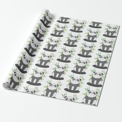 Cute Black  White Panda in Bamboo Pattern Wrapping Paper