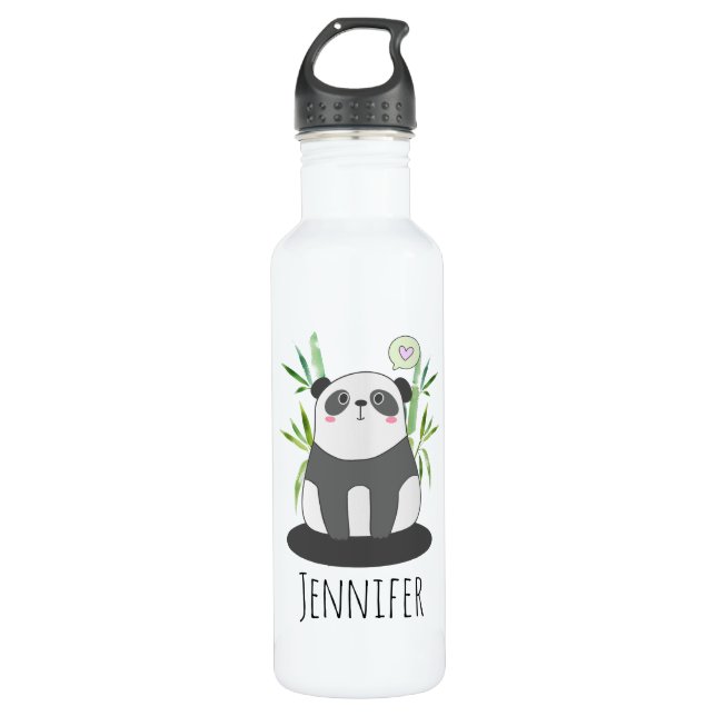 Cute Black & White Panda in Bamboo Stainless Steel Water Bottle (Front)