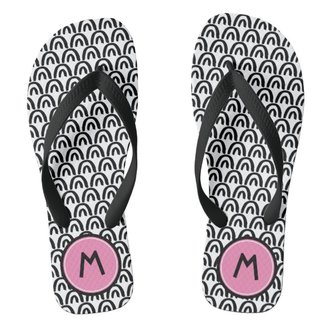 Cute Black White Patten Pink Monogram Flip Flops (Footbed)