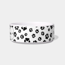 Cute Black & White Paw Prints Bone Name Bowl