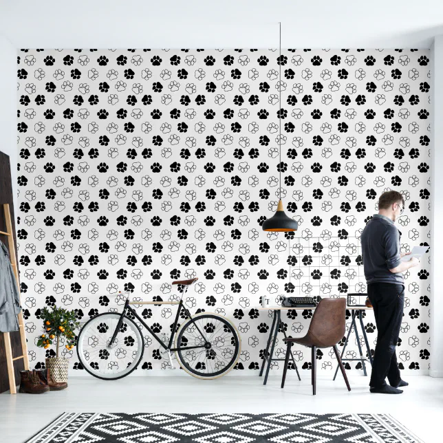 Cute Black & White Paw Prints Pattern Wallpaper | Zazzle