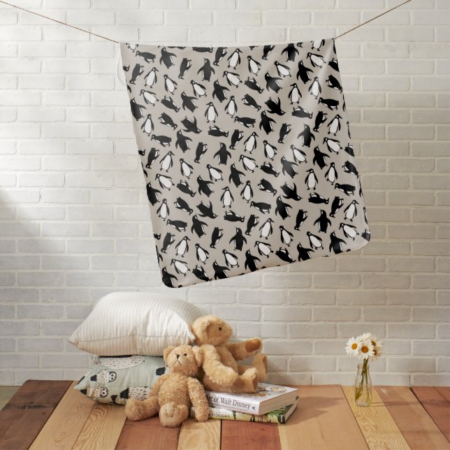 Cute black white penguin pattern grey background baby blanket (In Situ)