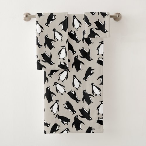 Cute black white penguin pattern grey background bath towel set