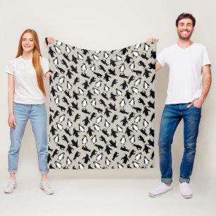 Cute black white penguin pattern grey background fleece blanket