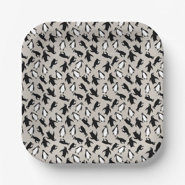 Cute black white penguin pattern grey background paper plates (Front)