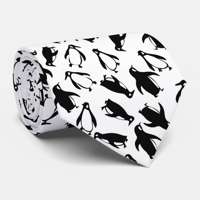 Cute black white penguin pattern white background neck tie (Rolled)