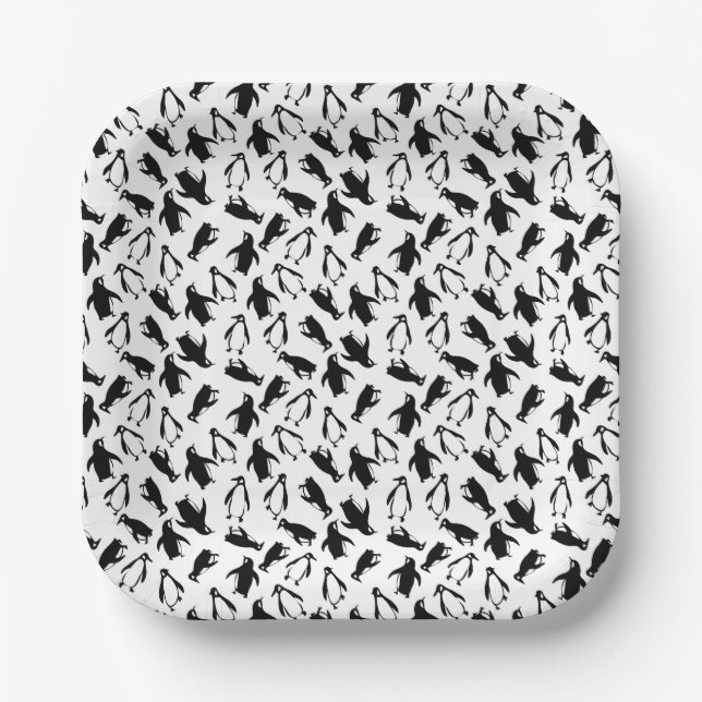 Cute black white penguin pattern white background paper plates (Front)