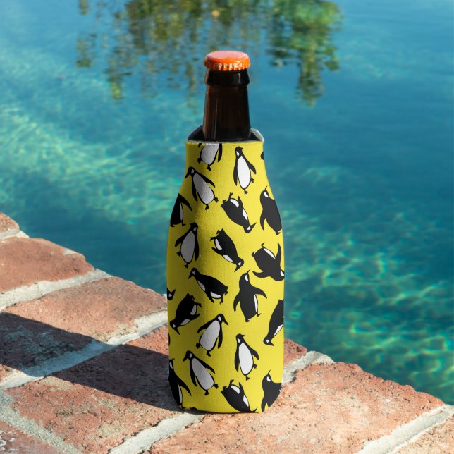 Cute black white penguin pattern yellow background bottle cooler (In Situ Pool)