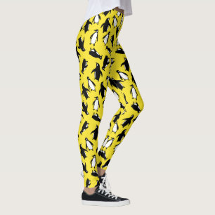 Cute black white penguin pattern yellow background leggings