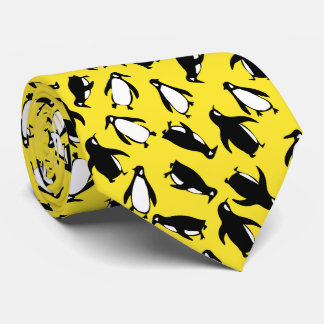 Cute black white penguin pattern yellow background neck tie