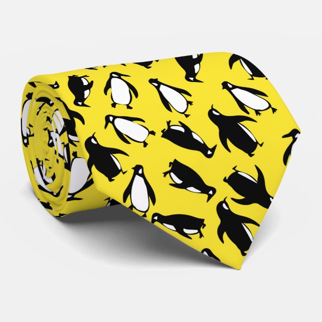 Cute black white penguin pattern yellow background neck tie (Rolled)