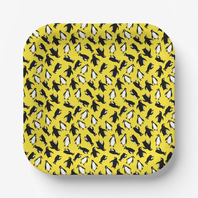 Cute black white penguin pattern yellow background paper plates (Front)