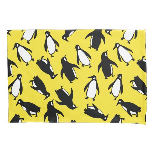 Cute black white penguin pattern yellow background pillow case