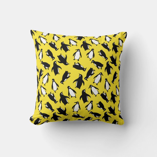 Cute black white penguin pattern yellow background throw pillow (Front)