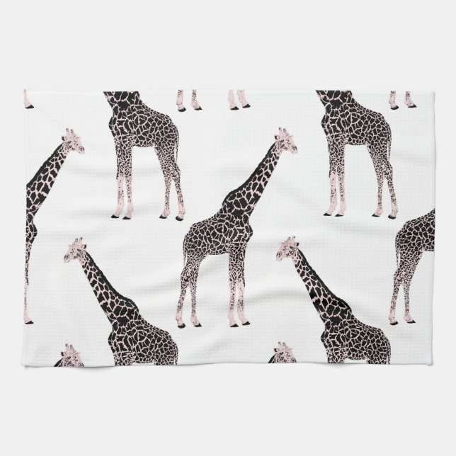 Cute Black White Pink Giraffe Kitchen Towel (Horizontal)