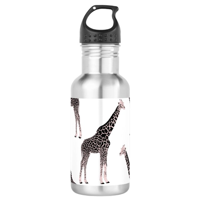 Cute Black White Pink Giraffe Stainless Steel Water Bottle (Front)