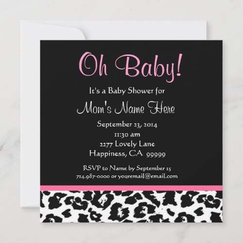 Cute Black White Pink Leopard Print Baby Shower Announcement