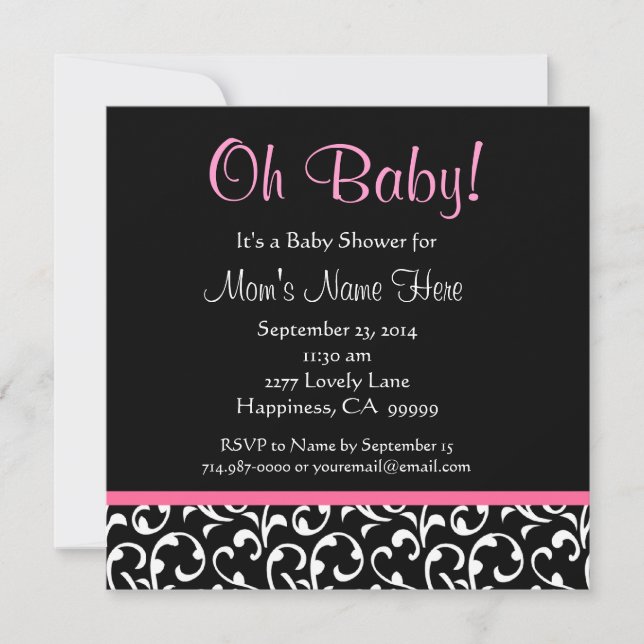 Cute Black White Pink Swirl Print Baby Shower Invitation (Front)