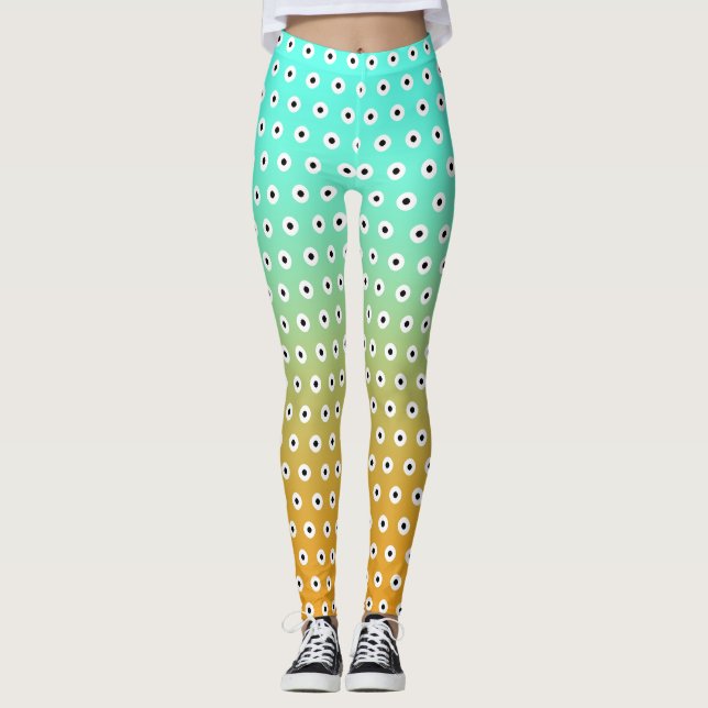 CUTE Black/White Polka Dot On Turquoise/Gold  Leggings (Front)