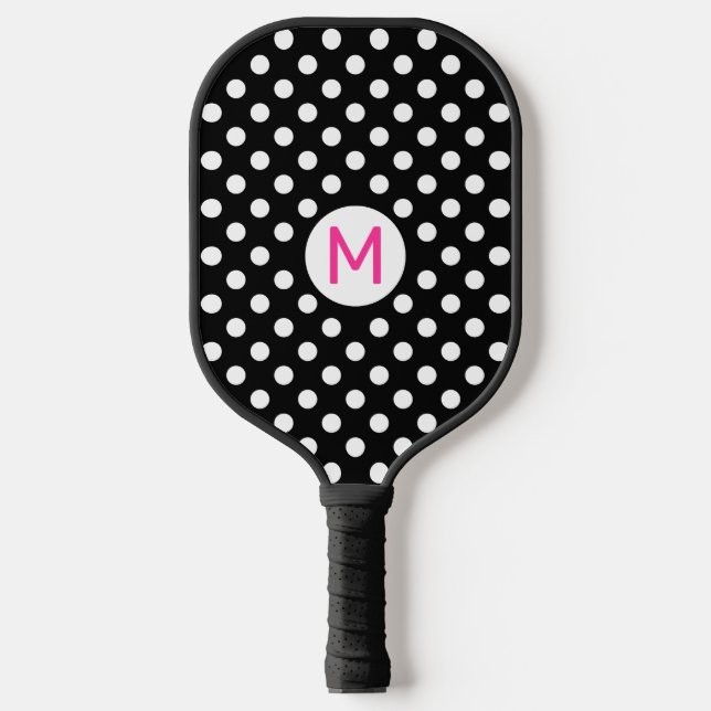 Cute Black White Polka Dots Pink Monogram Pickleball Paddle (Front)
