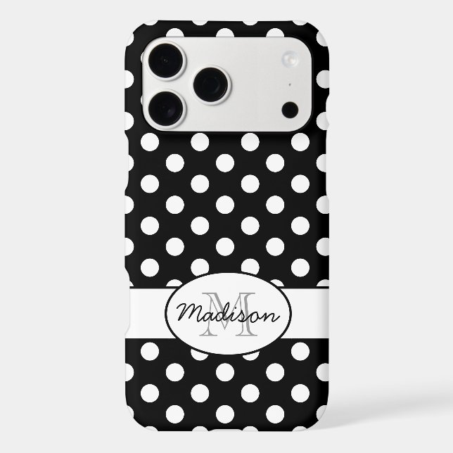 Cute Black White polka dots retro pattern Monogram iPhone Case (Back)