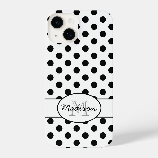 Cute Black White polka dots retro pattern Monogram iPhone Case (Back)