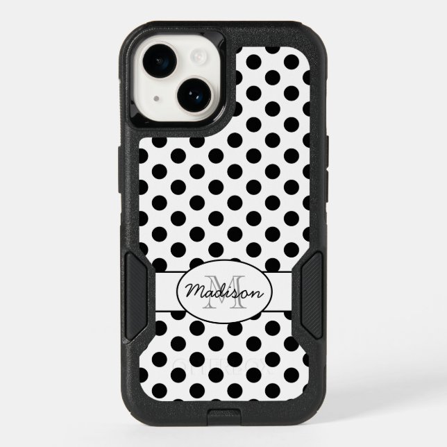 Cute Black White polka dots retro pattern Monogram Otterbox iPhone Case (Back)