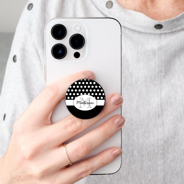Cute Black White polka dots retro pattern Monogram PopSocket (Hand)
