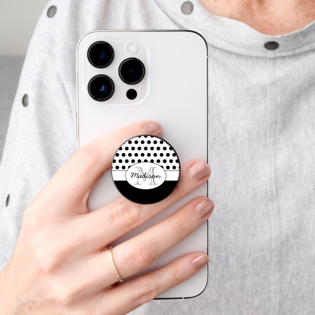 Cute Black White polka dots retro pattern Monogram PopSocket (Hand)