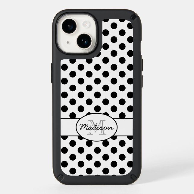 Cute Black White polka dots retro pattern Monogram Speck iPhone Case (Front)
