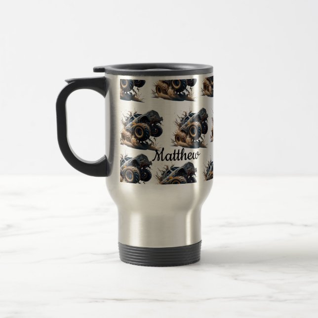 Cute Black White Power Race Monster Truck Travel Mug (Left)