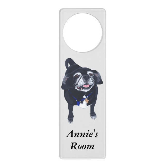Cute Black White Pug Dog Personalized Door Hanger (Front)