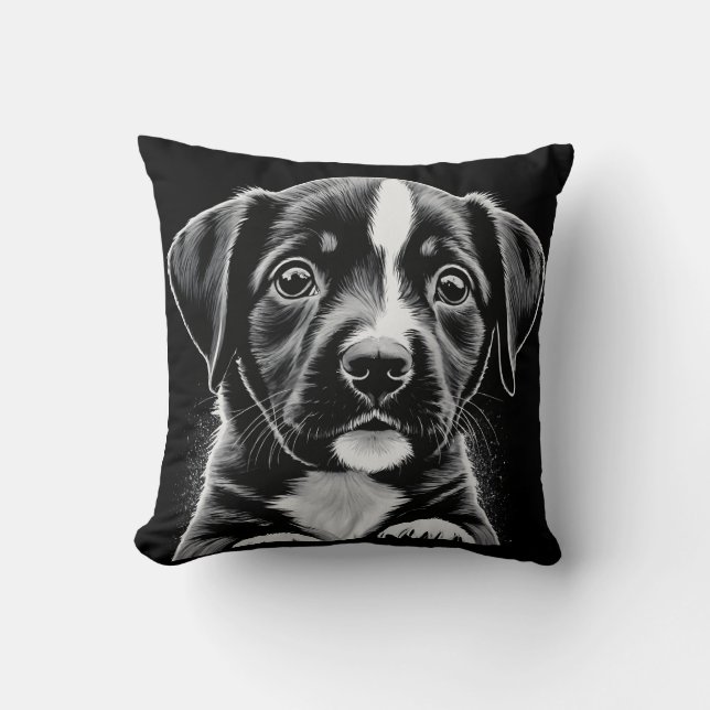 Cute Black & White Puppy – Cozy Dog Lover Pillow (Front)
