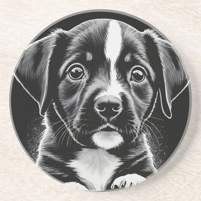 Cute Black & White Puppy – Dog Lover Coasters (Front)