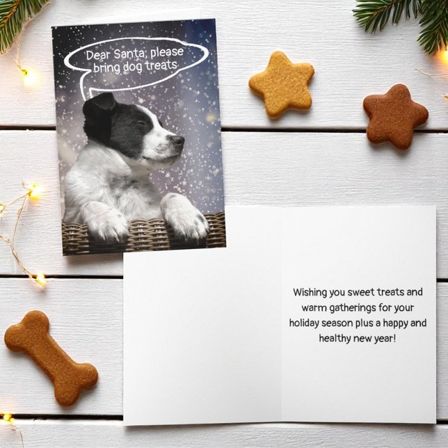 Cute Black White Puppy Dreaming in Snowfall Custom Holiday Card (cover and inside template Christmas greeting card)