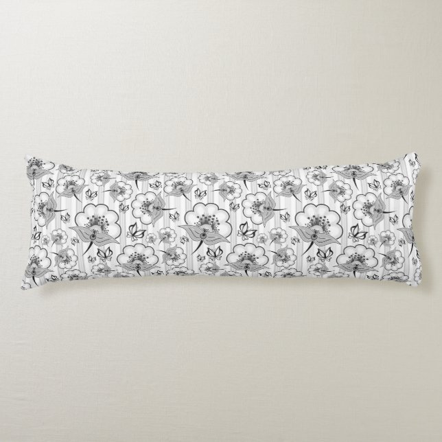 Cute black white seamless flowers patterns body pillow (Front)