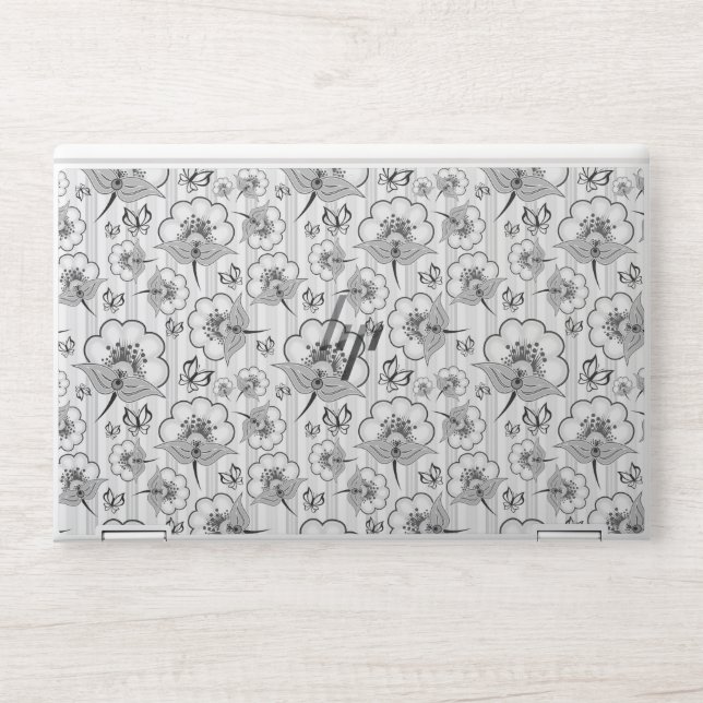 Cute black white seamless flowers patterns HP laptop skin (Front)