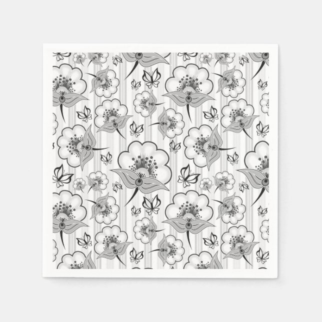 Cute black white seamless flowers patterns paper napkins (Front)