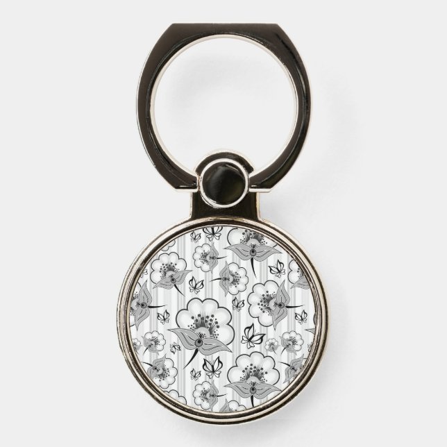 Cute black white seamless flowers patterns phone ring stand (Front)