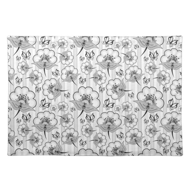 Cute black white seamless flowers patterns placemat (Front)