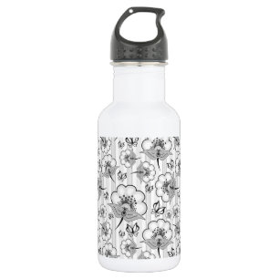 Cute black white seamless flowers patterns stainless steel water bottle