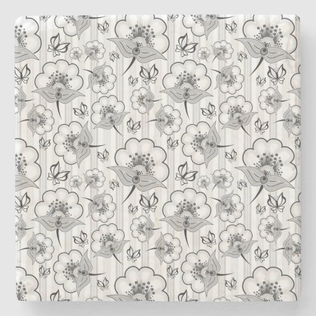 Cute black white seamless flowers patterns stone coaster (Front)